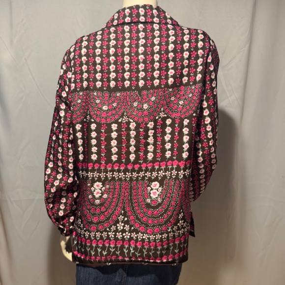 70s Mod Boho Pink Floral Blouse Pink Brown Pop Art  Big Collar Sz Large - Picture 5 of 6